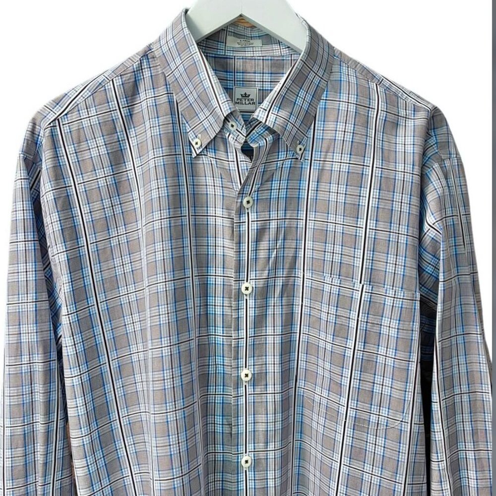 Peter Millar Blue Plaid Cotton Long Sleeve Button Down Dress Shirt Men's size L